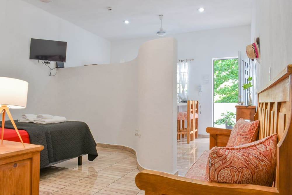 The Coco apartment: bed, seating and kitchen in one open room, with a door to the garden