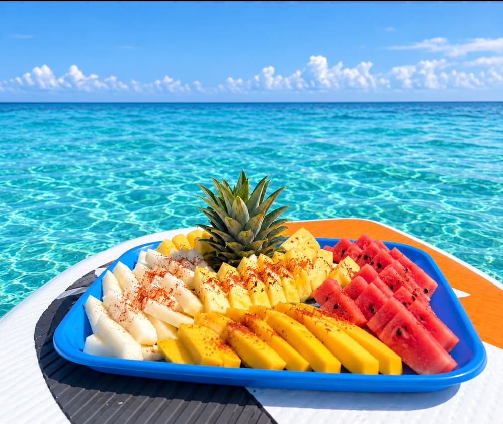 A tray of fresh pineapple, watermelon, mango and jicama with chilli, on the boat over turquoise water